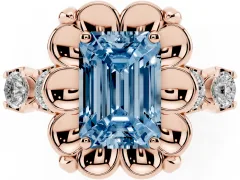 Fancy Blue Emerald Cut Diamond Floral Halo Ring Set in Rose gold with Shared Prong Band