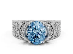 Fancy Blue Oval Cut Diamond Milgrain Halo Pavé Engagement Ring Set in White gold with Prong Setting