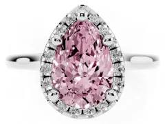 Fancy Pink Pear Cut Diamond Halo Engagement Ring Set in White gold with Pavé Band and Rising Shoulders