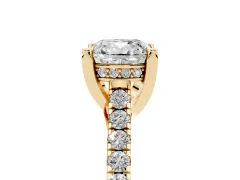 Cushion Cut Diamond Solitaire Ring Set in Yellow gold with Brilliant Pavé Band and Prong Setting
