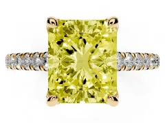 Fancy Yellow Radiant Cut Diamond Solitaire Ring Set in Yellow gold with Brilliant Pavé Band and Prong Setting