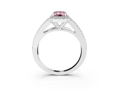 Fancy Pink Emerald Cut Diamond Halo Split Shank Pavé Ring Set in White gold with Prong Setting