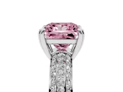 Fancy Pink Princess Cut Diamond Solitaire Ring Set in Platinum with Multi-Row Round Pavé Band and Prong Setting
