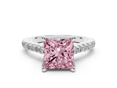 Fancy Pink Princess Cut Diamond Solitaire Ring Set in White gold with Brilliant Pavé Band and Prong Setting