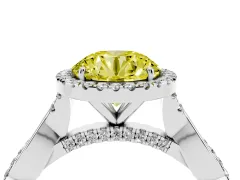 Fancy Yellow Round Cut Diamond Halo Twist Band Solitaire Ring Set in Platinum with Prong Setting