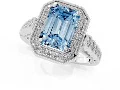 Fancy Blue Emerald Cut Diamond Milgrain Halo Solitaire Ring Set in White gold with Bezel Set Side Stones and Pavé Band