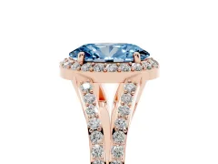 Fancy Blue Oval Cut Diamond Halo Split Shank Pavé Ring Set in Rose gold with Prong Setting