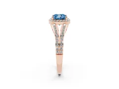 Fancy Blue Cushion Cut Diamond Halo Split Shank Pavé Ring Set in Rose gold with Prong Setting