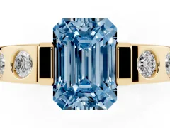 Fancy Blue Emerald Cut Diamond Channel-Set Band Ring Set in Yellow gold with Bezel Prong Setting