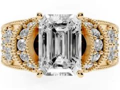 Emerald Cut Diamond Milgrain Halo Pavé Engagement Ring Set in Yellow gold with Prong Setting