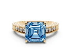Fancy Blue Asscher Cut Diamond Solitaire Pavé Milgrain Engagement Ring Set in Yellow gold with Prong Setting