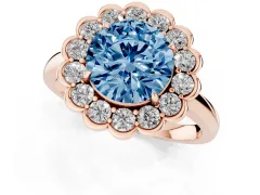 Fancy Blue Round Cut Diamond Halo Cluster Engagement Ring Set in Rose gold with Solitaire Band and Prong Setting
