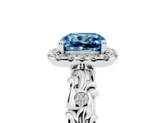 Fancy Blue Cushion Cut Diamond Halo Ring Set in White gold with Filigree Leaf Band and Prong Setting