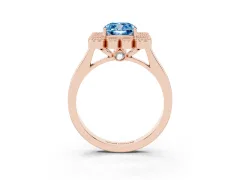 Fancy Blue Cushion Cut Diamond Cluster Halo Ring Set in Rose gold with Milgrain Bezel Accents and Plain Band