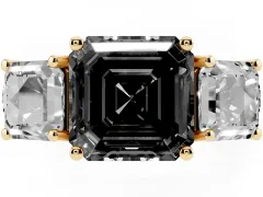 Fancy Black Asscher Cut Diamond Three-Stone Ring Set in Yellow gold with Pavé Band