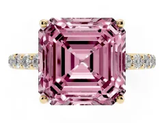 Fancy Pink Asscher Cut Diamond Solitaire Engagement Ring Set in Yellow gold with Round Pavé Band and Prong Setting
