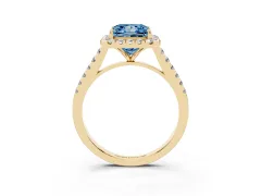 Fancy Blue Princess Cut Diamond Halo Pavé Engagement Ring Set in Yellow gold with Prong Setting