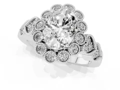 Oval Cut Diamond Solitaire Ring Set in White gold with Milgrain Pavé Heart Band