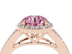 Fancy Pink Round Cut Diamond Halo Split Shank Ring Set in Rose gold with Accent Stones and Prong Setting