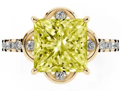Fancy Yellow Princess Cut Diamond Solitaire Ring Set in Yellow gold with Pavé Band and Floral Prong Setting