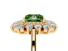 Fancy Green Princess Cut Diamond Floral Double Halo Ring Set in Yellow gold with Round Petals