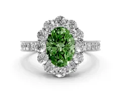 Fancy Green Oval Cut Diamond Halo Pavé Engagement Ring Set in Platinum with Milgrain Detailing