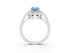 Fancy Blue Oval Cut Diamond Halo Ring Set in Platinum with Accent-Lined Split Shank and Prong Setting
