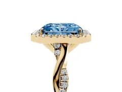 Fancy Blue Radiant Cut Diamond Halo Twist Band Solitaire Ring Set in Yellow gold with Prong Setting