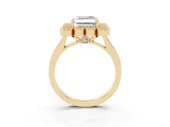 Asscher Cut Diamond Cluster Halo Ring Set in Yellow gold with Milgrain Bezel Accents and Plain Band