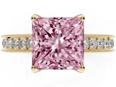 Fancy Pink Princess Cut Diamond Solitaire Ring Set in Yellow gold with Milgrain-Edged Pavé Band and Prong Setting