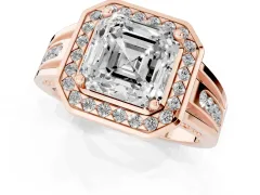 Asscher Cut Diamond Halo Ring Set in Rose gold with Pavé and Bezel Accent Split Shank