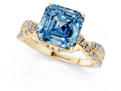 Fancy Blue Asscher Cut Diamond Twist Pavé Solitaire Engagement Ring Set in Yellow gold with Prong Setting