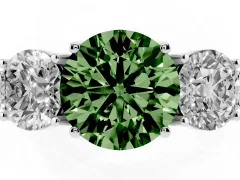 Fancy Green Round Cut Diamond Three-Stone Engagement Ring Set in Platinum with Milgrain Pavé Band