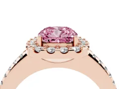 Fancy Pink Cushion Cut Diamond Pavé Halo Ring Set in Rose gold with Prong Setting