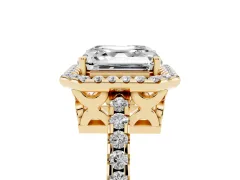 Asscher Cut Diamond Halo Ring Set in Yellow gold with Pavé Shoulders and Halo-Framed Center