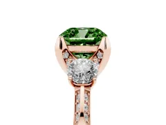 Fancy Green Cushion Cut Diamond Three-Stone Ring Set in Rose gold with Pavé Band and Smaller Side Stones