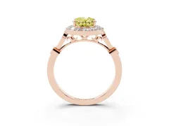 Fancy Yellow Oval Cut Diamond Halo Engagement Ring Set in Rose gold with Twisted Band and Prong Setting