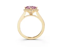 Fancy Pink Princess Cut Diamond Halo Engagement Ring Set in Yellow gold with Pavé Band and Rising Shoulders