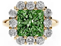 Fancy Green Princess Cut Diamond Milgrain Halo Solitaire Ring Set in Yellow gold with Bezel Set Side Stones and Pavé Band