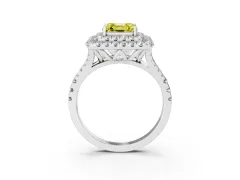 Fancy Yellow Asscher Cut Diamond Double Halo Ring Set in Platinum with Pavé Split Shank and Prong Setting