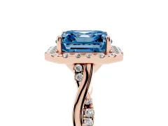 Fancy Blue Asscher Cut Diamond Halo Twist Band Solitaire Ring Set in Rose gold with Prong Setting