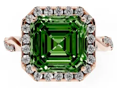 Fancy Green Asscher Cut Diamond Halo Twist Band Solitaire Ring Set in Rose gold with Prong Setting