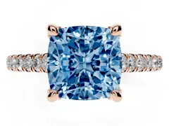 Fancy Blue Cushion Cut Diamond Solitaire Ring Set in Rose gold with Brilliant Pavé Band and Prong Setting