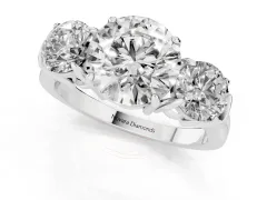 Round Cut Diamond Three-Stone Ring Set in Platinum with Round Accent Stones and Plain Band