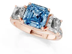 Fancy Blue Asscher Cut Diamond Three-Stone Ring Set in Rose gold with Pavé Band