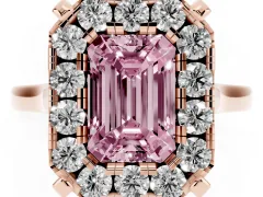 Fancy Pink Emerald Cut Diamond Cluster Halo Solitaire Ring Set in Rose gold with Prong Setting