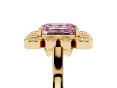 Fancy Pink Emerald Cut Diamond Cluster Halo Ring Set in Yellow gold with Milgrain Bezel Accents and Plain Band
