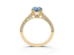 Fancy Blue Oval Cut Diamond Solitaire Ring Set in Yellow gold with Milgrain-Edged Pavé Band and Prong Setting