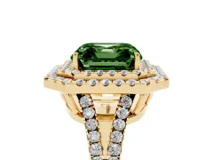 Fancy Green Asscher Cut Diamond Double Halo Ring Set in Yellow gold with Pavé Band