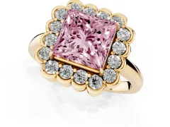 Fancy Pink Princess Cut Diamond Halo Cluster Engagement Ring Set in Yellow gold with Solitaire Band and Prong Setting